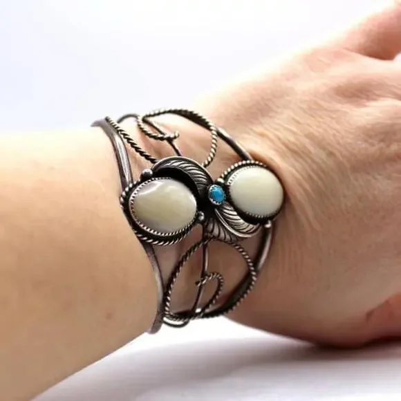 Albert Yazzie Sterling Silver Mother of Pearl with Turquoise Cabochon Cuff Brace - Picture 2 of 8